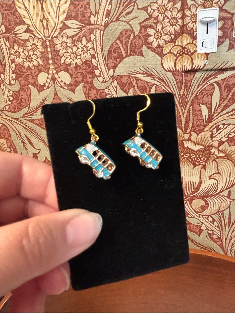 New fun whimsical VW Bus hippie Turquoise and Gold Drop Earrings
